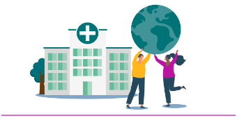 Grafik: zwei Menschen tragen eine Weltkugel und stehen vor einem Krankenhaus