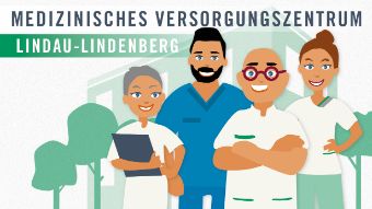 Grafik: Illustrierte Ärztegruppe des MVZ Lindau-Lindenberg lächelt den Betrachter an.