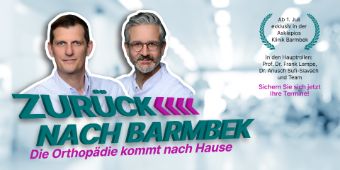 Bild: Portraits Prof. Lampe und Dr. Sufi mit Schriftzug "Zurück nach Barmbek - die Orthopädie kommt nach Hause"