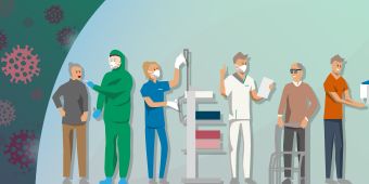 Bild: Illustration anlässlich der Coronakrise, die Patienten und Mitarbeiter in der sicheren Umgebung einer Asklepios Klinik zeigt.