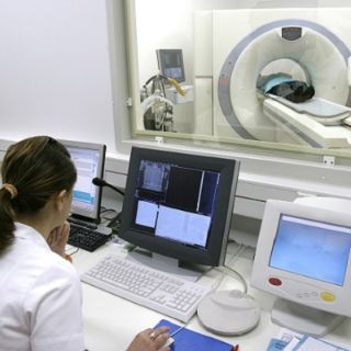 Bild: Eine MTRA führt eine Kernspintomographie durch und überwacht die Untersuchung am Monitor