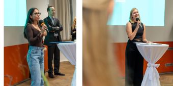 Bei der Semestereröffnung: Basak Cosgun (Vorstellung der StuPoli) und Luisa Johanna Bathe (Studierendenvertretung). Bei der Semestereröffnung: Basak Cosgun (Vorstellung der StuPoli) und Luisa Johanna Bathe (Studierendenvertretung).