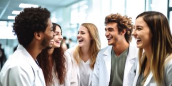 Das Motiv zeigt mehrere Medizinstudenten, die lachen