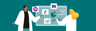 Illustration eines Arztes und einer Ärztin, die vor einem großen Monitor stehen, auf dem unterschiedliche medizinische Apps zu erkennen sind.