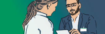 Grafik: Illustration einer Mitarbeiterin im Gespräch mit einem Berater - Digitalisierung bei Asklepios