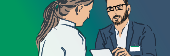 Illustration einer Mitarbeiterin im Gespräch mit einem Berater - Digitalisierung bei Asklepios Grafik: Illustration einer Mitarbeiterin im Gespräch mit einem Berater - Digitalisierung bei Asklepios