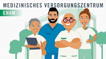 Grafik: Illustrierte Ärztegruppe des MVZ Cham lächelt den Betrachter an.