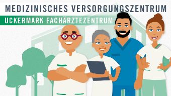 Grafik: Illustrierte Ärztegruppe des MVZ Uckermark Fachärztezentrum lächelt Betrachter an.