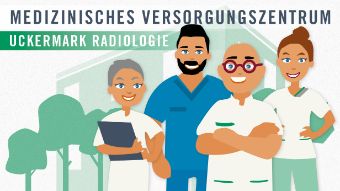 Grafik: Illustrierte Ärztegruppe des MVZ Uckermark Radiologie lächelt Betrachter an.