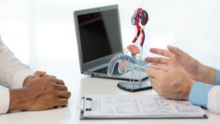 Das Motiv zeigt ein Gespräch zwischen Arzt und Patient mit einem Modell