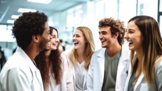 Das Motiv zeigt mehrere Medizinstudenten, die lachen