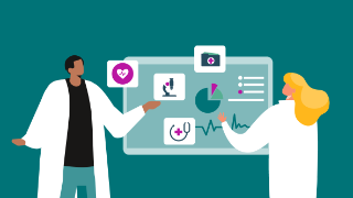 Illustration eines Arztes und einer Ärztin, die vor einem großen Monitor stehen, auf dem unterschiedliche medizinische Apps zu erkennen sind.