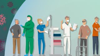 Bild: Illustration anlässlich der Coronakrise, die Patienten und Mitarbeiter in der sicheren Umgebung einer Asklepios Klinik zeigt.