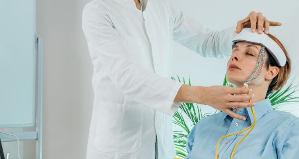 Patientin mit EEG Gerät beim Biofeedback