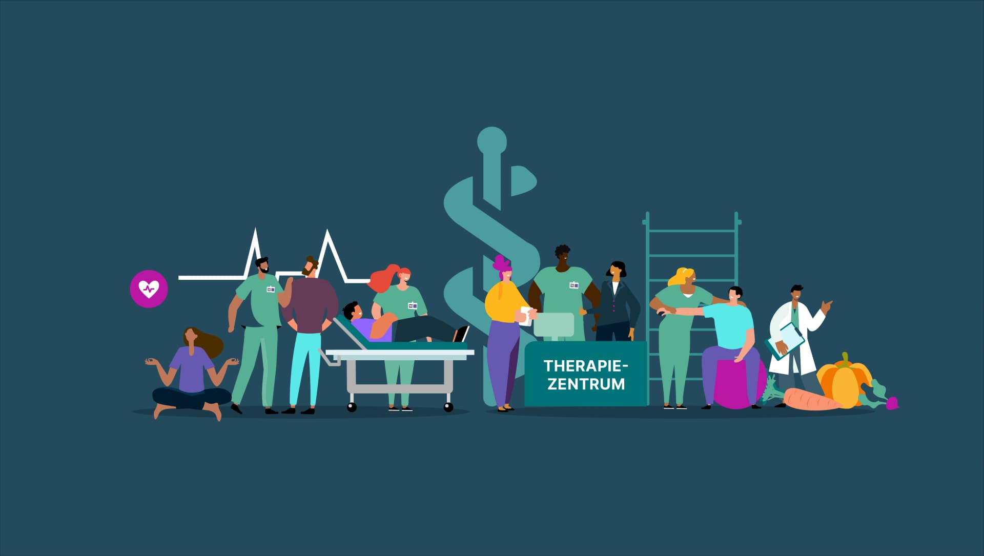 Das Bild zeigt Therapeutinnen und Therapeuten verschiedener Disziplinen im Patientenkontakt.