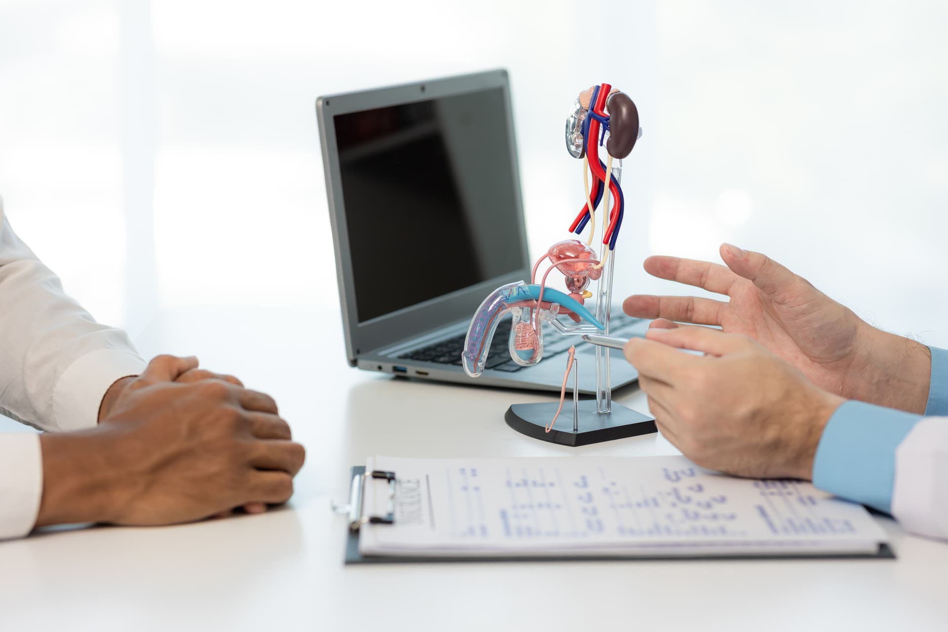 Das Motiv zeigt ein Gespräch zwischen Arzt und Patient mit einem Modell