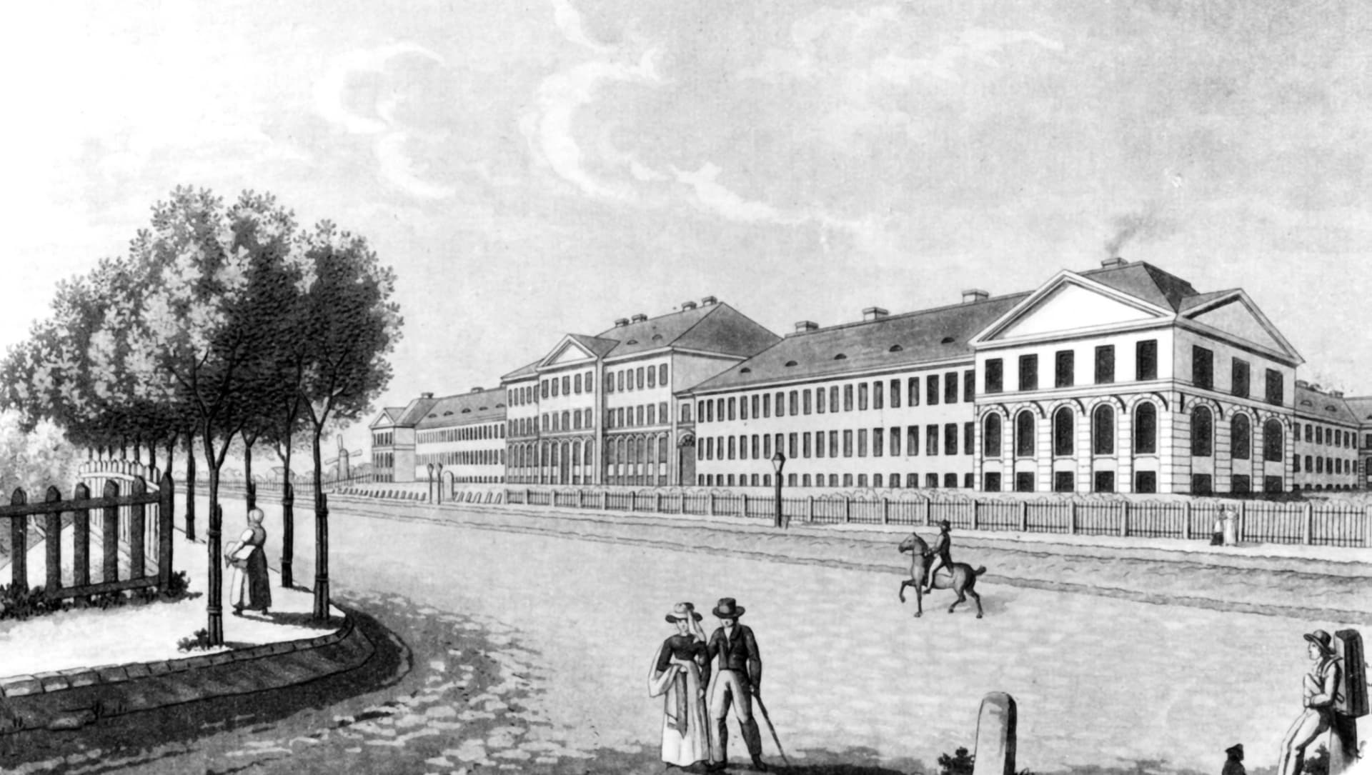 Das Bild zeigt eine Außenaufnahme des Allgemeinen Krankenhauses St. Georg um 1825