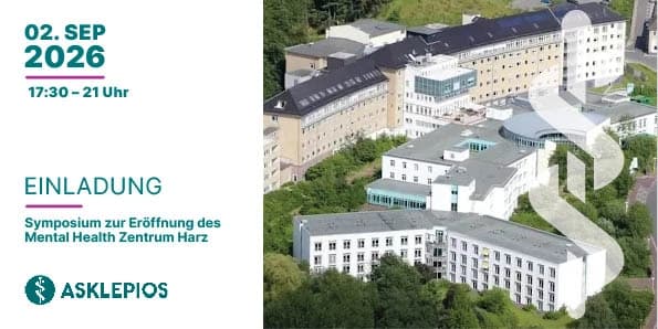 Zu sehen ist eine Einladung mit Daten und einer Luftaufnahme eines Krankenhauses