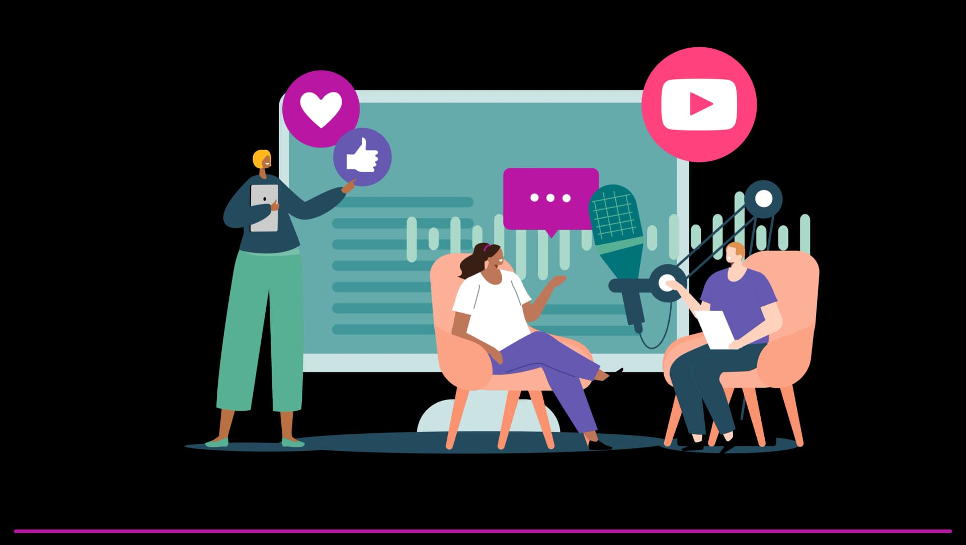 Illustration mit Social Media Zeichen und zwei Personen, die einen Podcast aufnehmen