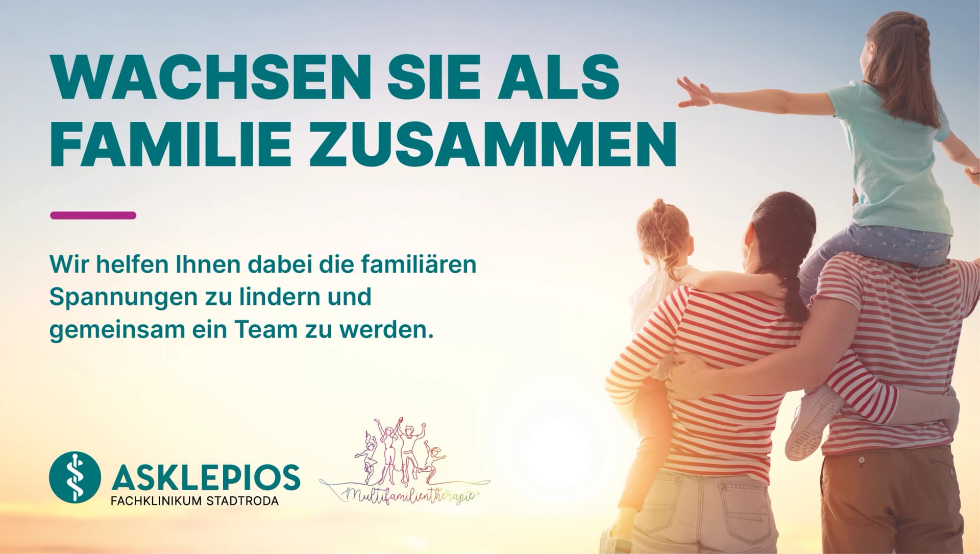 Das Bild zeigt eine Familie mit dem Blick in den Sonnenuntergang mit der Überschrift: "Wachsen sie als Familie zusammen"