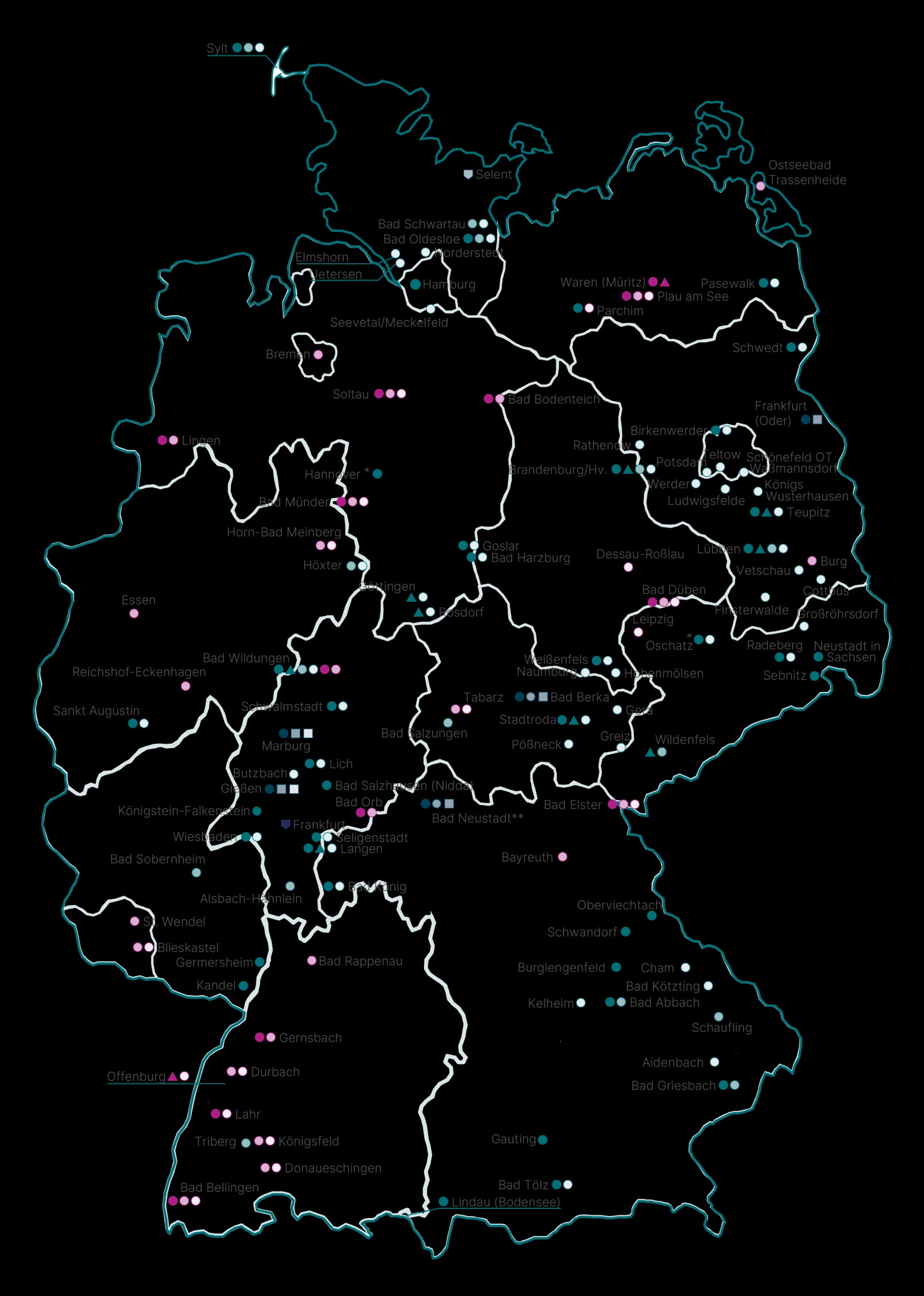 Das Bild zeigt die Standorte der gesamten Asklepios Gruppe, in der auch die Asklepios Services mit ihren Dienstleistungen, wie Reinigung, Catering, Sterilgutaufbereitung, Medizintechnik und Betriebstechnik vertreten ist.