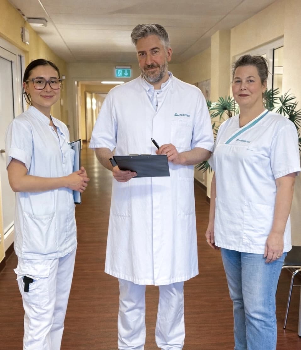 Bild: Studie zur Wundheilung an der Asklepios Klinik Wandsbek (v.l.n.r.): Assistenzärztin Dr. Hanna Schlichting, Chefarzt der Allgemeinen und Endovaskulären Gefäßchirurgie Prof. Dr. med Christian-Alexander Behrendt und Studienkoordinatorin Daniela Kühn von Asklepios Science & Research