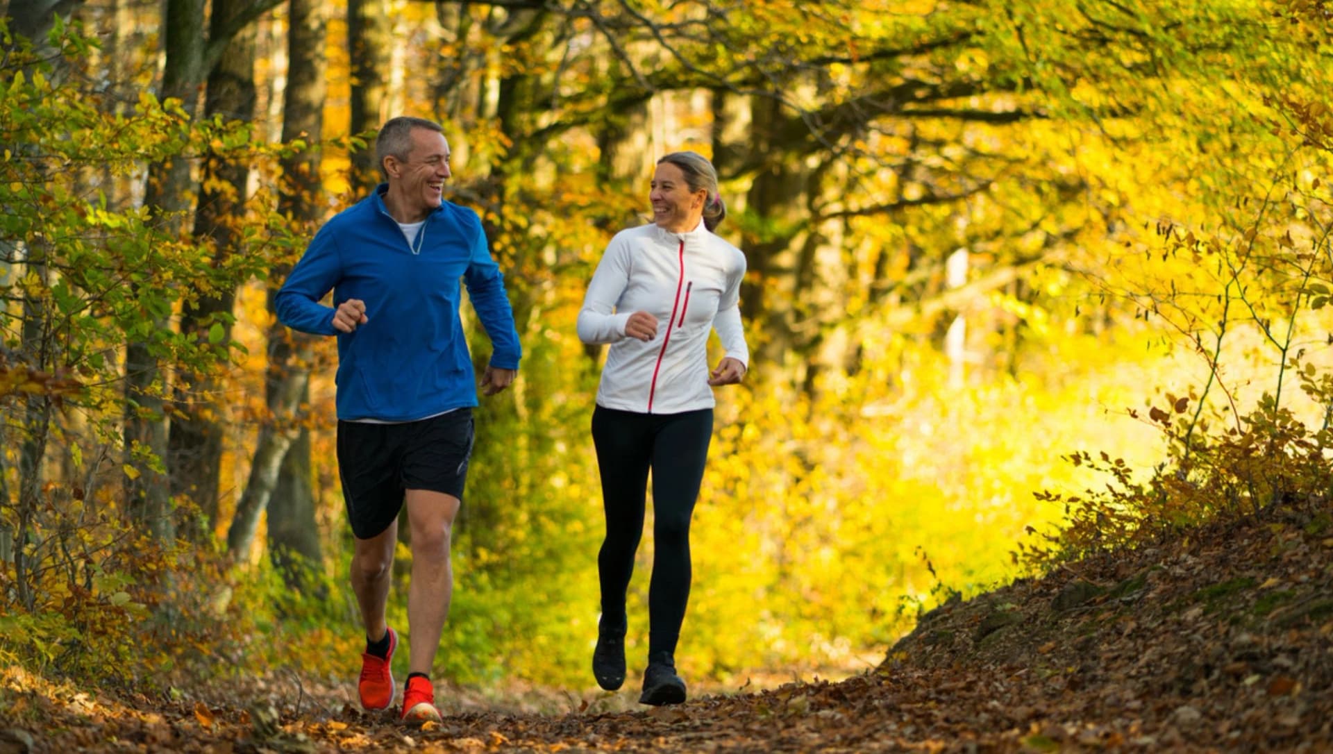 Joggen, Wald, Sportler, Bäume, Blätter, Herbst, ältere Menschen