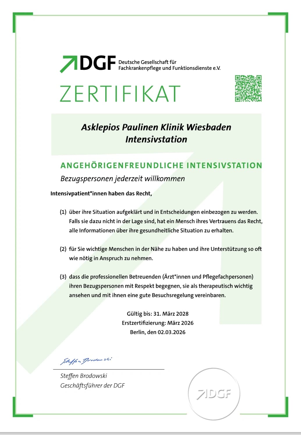 Das Bild zeigt das Zertifikat Angehörigenfreundliche ITS