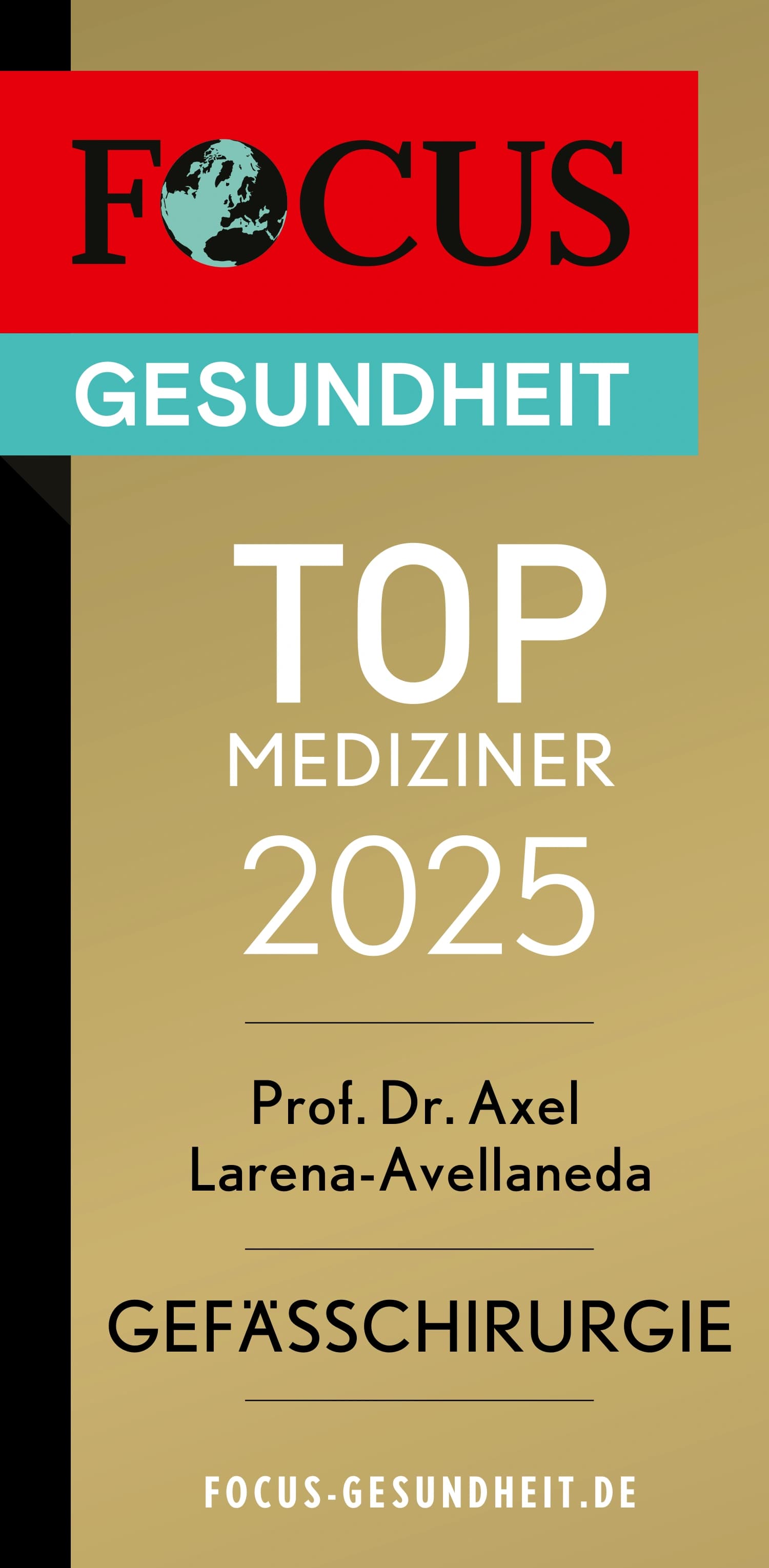 Siegel: Prof. Axel Larena-Avellaneda wurde vom FOCUS als TOP Mediziner 2025 für Gefäßchirurgie ausgezeichnet
