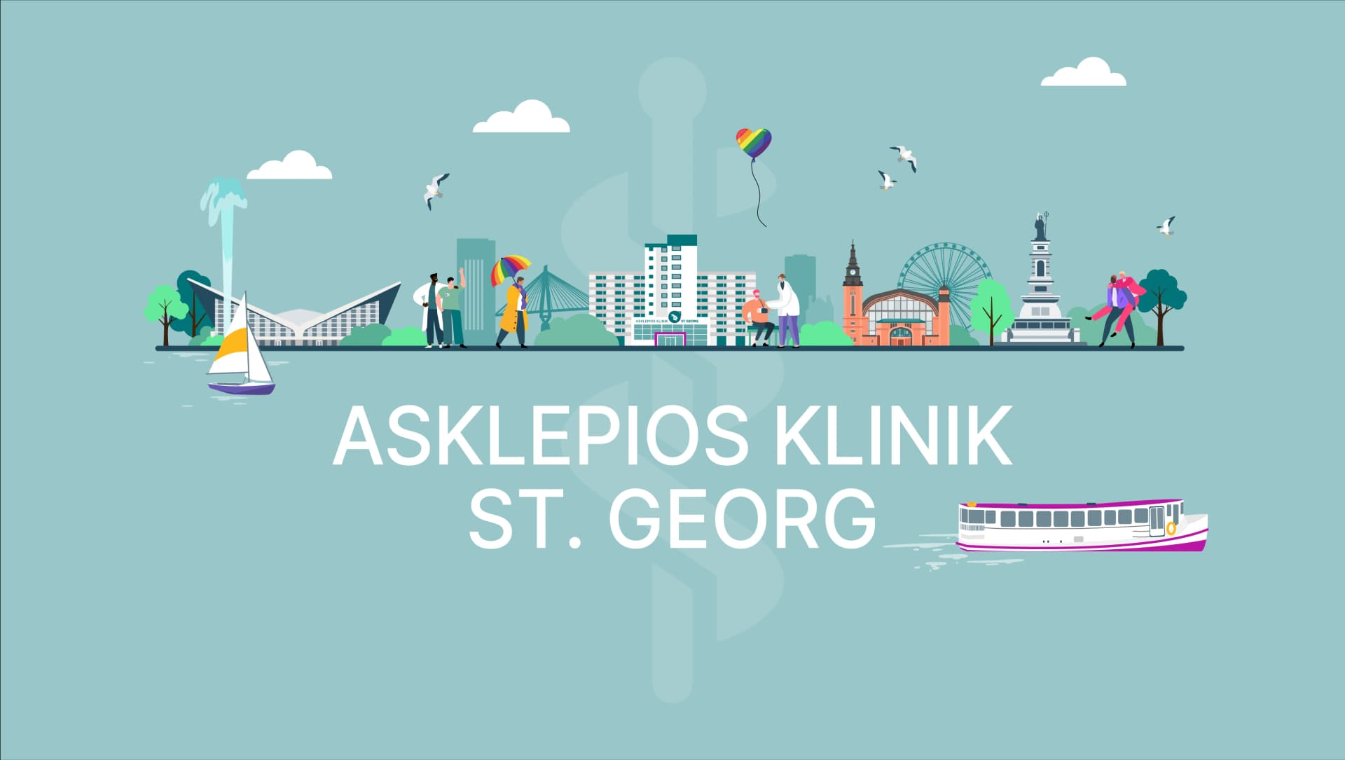 Bild: Die Illustration der Asklepios Klinik St. Georg zum Thema Karriere zeigt einige stadtteiltypische Elemente von St. Georg wie die Alster und trägt den Schriftzug Asklepios Klinik St. Georg