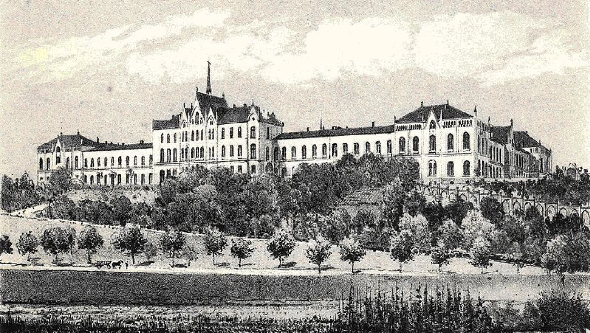Ein Bild zeigt das alte Hauptgebäude im Jahr 1880.