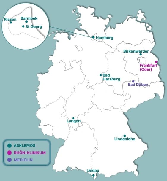 Bild: Landkarte mit den beteiligten Kliniken