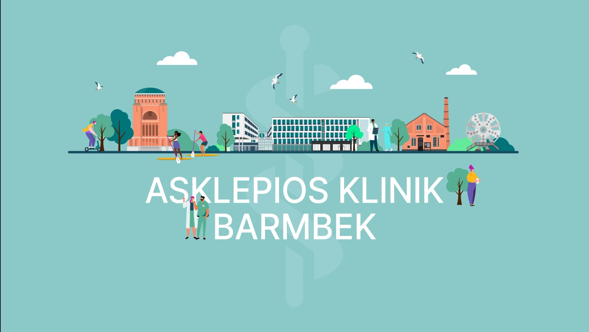 Illustration von der Asklepios Klinik Barmbek mit Planetarium, Zinnschmelze und Schneiderad der Trude