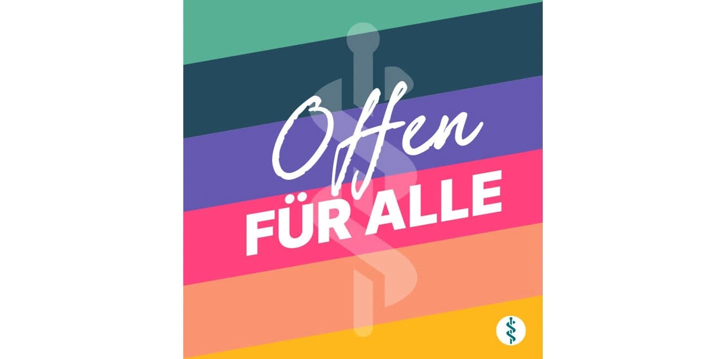 Text: Bunte Flagge Logo Asklepios Pride Schrift Offen für alle