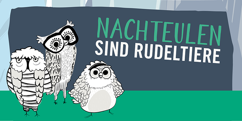 Nachteulen sind Rudeltiere 3 Grafik: Drei gezeichnete Eulen als Repräsentation des Nachteulen-Projektes