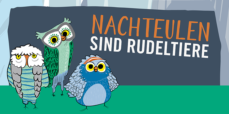 Nachteulen sind Rudeltiere 1 Grafik: Drei gezeichnete Eulen als Repräsentation des Nachteulen-Projektes