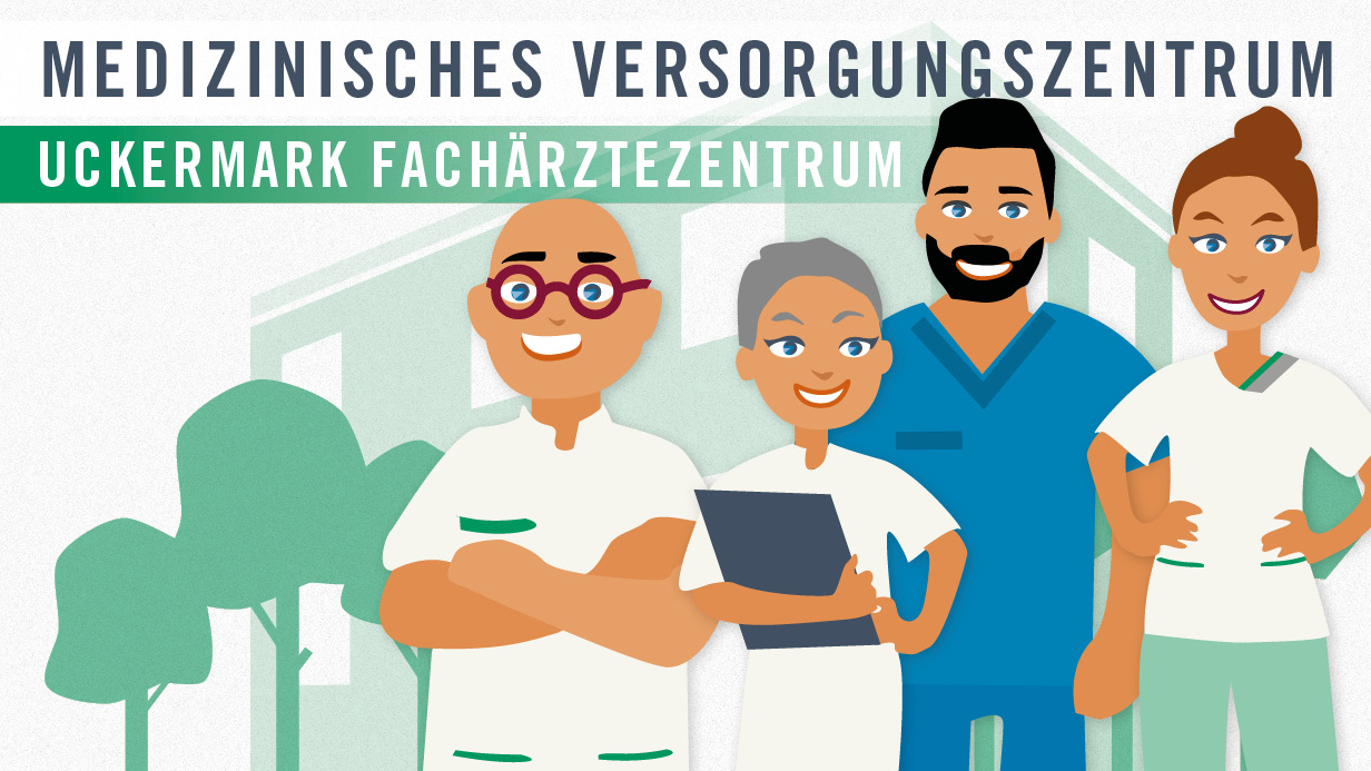 Illustrierte Ärztegruppe des MVZ Uckermark Fachärztezentrum lächelt Betrachter an. Grafik: Illustrierte Ärztegruppe des MVZ Uckermark Fachärztezentrum lächelt Betrachter an.
