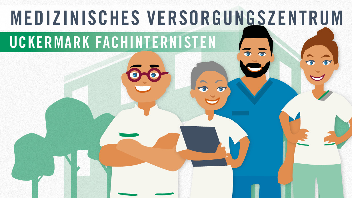 Illustrierte Ärztegruppe des MVZ Uckermark Fachinternisten lächelt Betrachter an. Grafik: Illustrierte Ärztegruppe des MVZ Uckermark Fachinternisten lächelt Betrachter an.