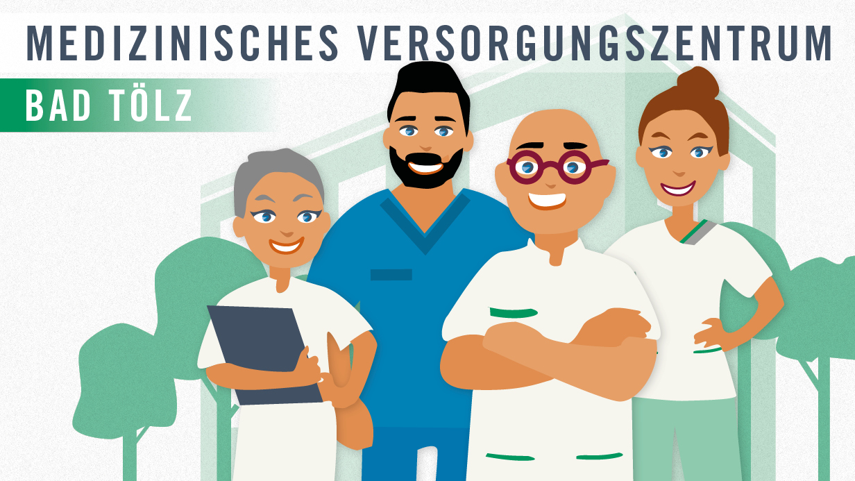 Illustrierte Ärztegruppe des MVZ Bad Tölz lächelt den Betrachter an. Grafik: Illustrierte Ärztegruppe des MVZ Bad Tölz lächelt den Betrachter an.