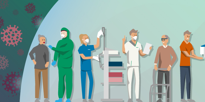 Illustration anlässlich der Coronakrise, die Patienten und Mitarbeiter in der sicheren Umgebung einer Asklepios Klinik zeigt. Bild: Illustration anlässlich der Coronakrise, die Patienten und Mitarbeiter in der sicheren Umgebung einer Asklepios Klinik zeigt.