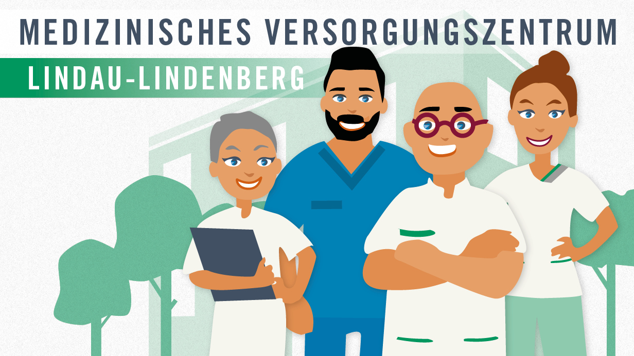 Illustrierte Ärztegruppe des MVZ Lindau-Lindenberg lächelt den Betrachter an. Grafik: Illustrierte Ärztegruppe des MVZ Lindau-Lindenberg lächelt den Betrachter an.