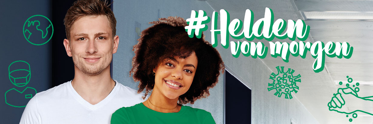 Headergrafik mit zwei glücklichen Auszubildenden zum Pflegefachmann /-frau für die Kampagne #Heldenvonmorgen des Asklepios Bildungszentrum Hamburg Bild: Headergrafik mit zwei glücklichen Auszubildenden zum Pflegefachmann /-frau für die Kampagne #Heldenvonmorgen des Asklepios Bildungszentrum Hamburg